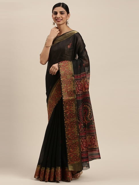 Soch Black Cotton Printed Saree With Unstitched Blouse Price in India