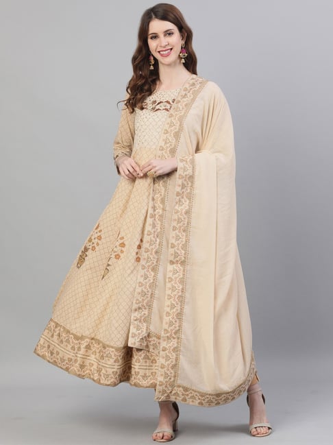 Ishin Beige Embroidered Anarkali Kurta Price in India