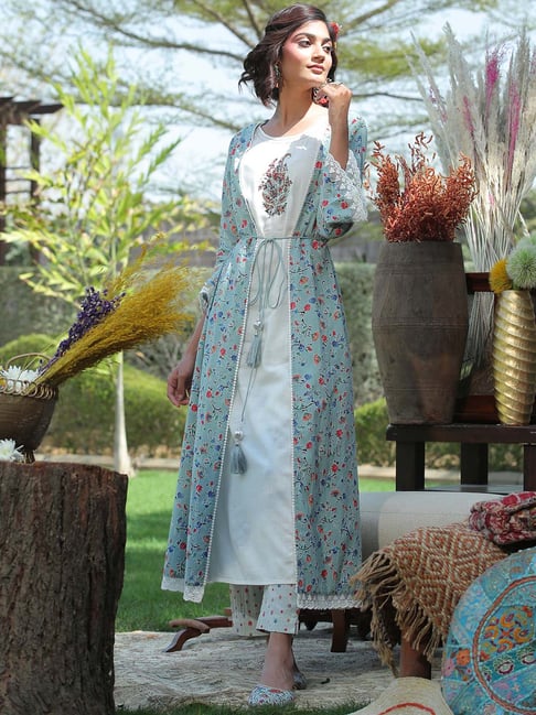 Juniper Blue & White Printed A Line Kurta Wirh Jacket Price in India