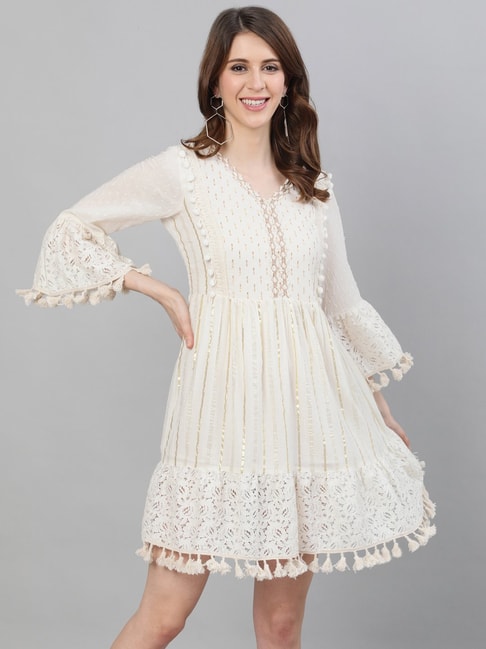 Ishin Off White Embellished Above Knee Tunic Dress Price in India