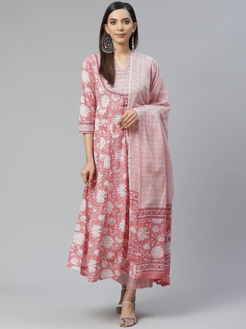 Yuris Pink Printed Kurta With Pant & Dupatta Price in India