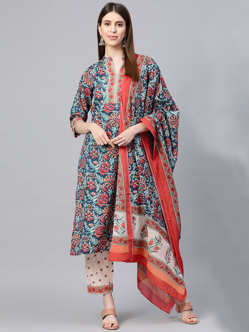 Yuris Blue Printed Kurta With Pant & Dupatta Price in India