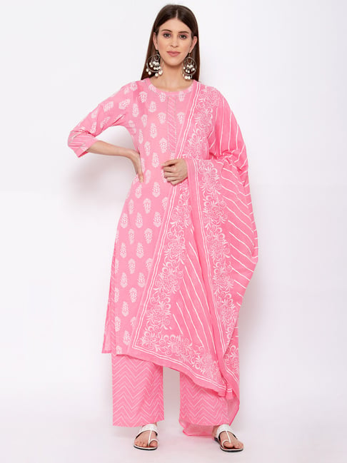 Yuris Pink Printed Kurta With Palazzo & Dupatta Price in India