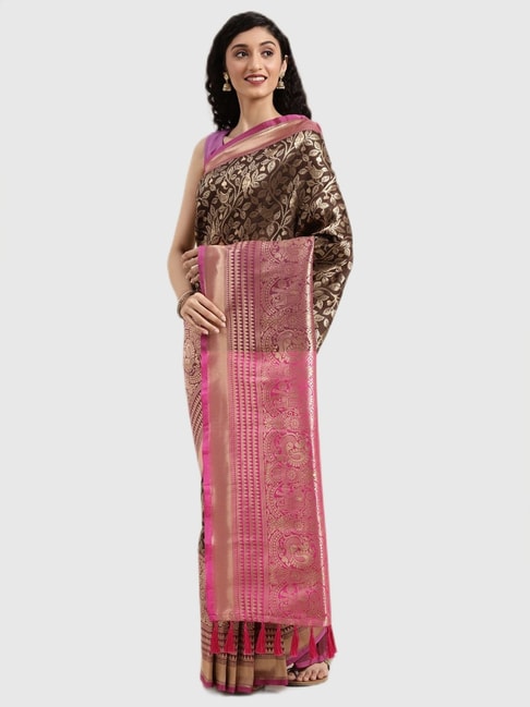 Vastranand Brown Textured Saree With Blouse Price in India