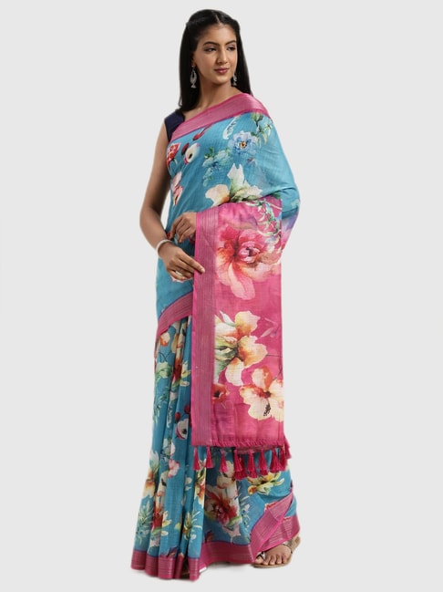 Vastranand Blue Printed Saree With Blouse Price in India