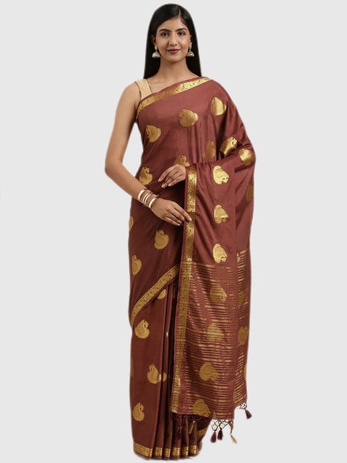 Mimosa Brown Textured Saree With Blouse Price in India