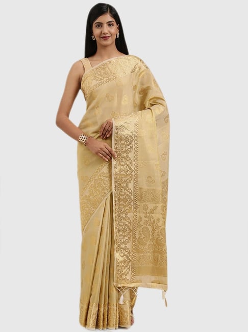 Mimosa Beige Textured Saree With Blouse Price in India