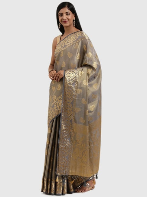 Mimosa Pewter Textured Saree With Blouse Price in India
