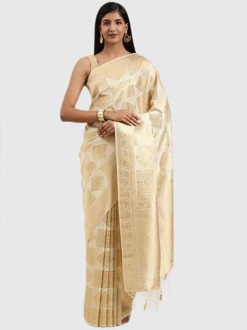Mimosa Cream Textured Saree With Blouse Price in India