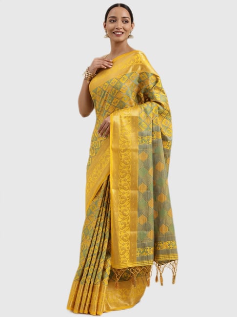 Mimosa Yellow & Green Textured Saree With Blouse Price in India