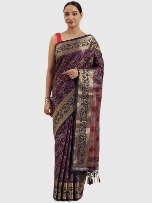 Mimosa Red & Blue Textured Saree With Blouse Price in India
