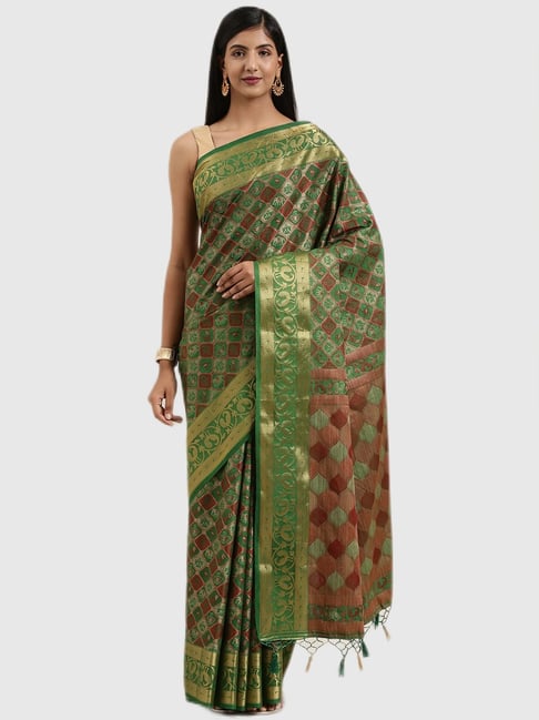 Mimosa Green & Red Textured Saree With Blouse Price in India