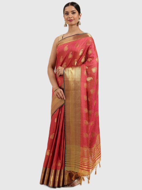Mimosa Red Textured Saree With Blouse Price in India