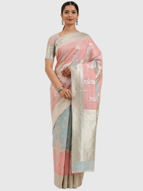 Mimosa Pink & Blue Textured Saree With Blouse Price in India