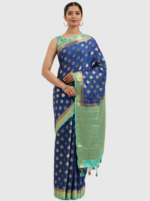 Mimosa Blue Textured Saree With Blouse Price in India