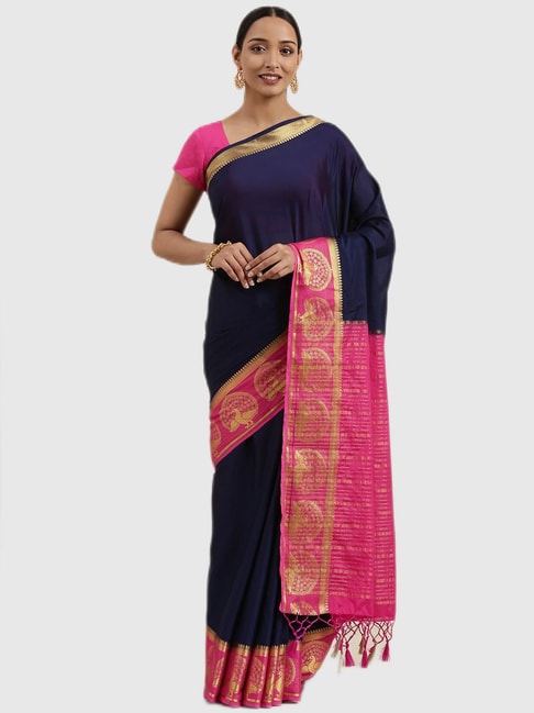 Mimosa Dark Blue Crepe Saree With Blouse Price in India