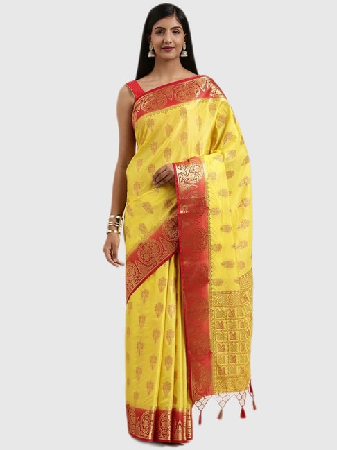 Mimosa Yellow Textured Saree With Blouse Price in India