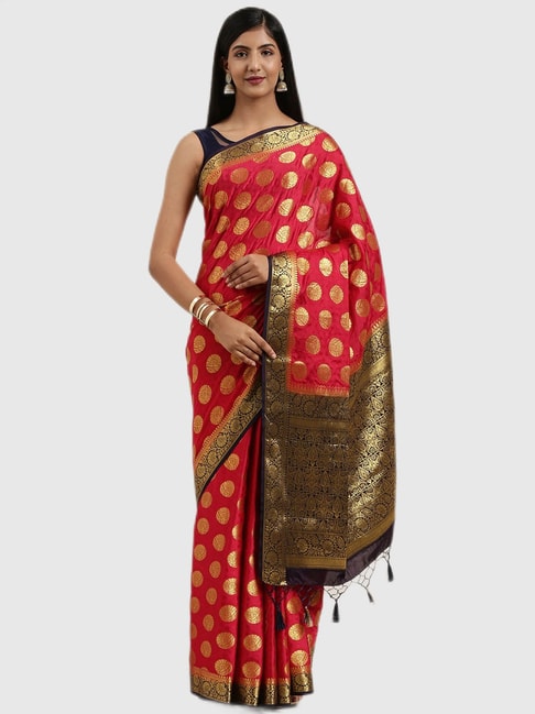 Mimosa Red Textured Saree With Blouse Price in India