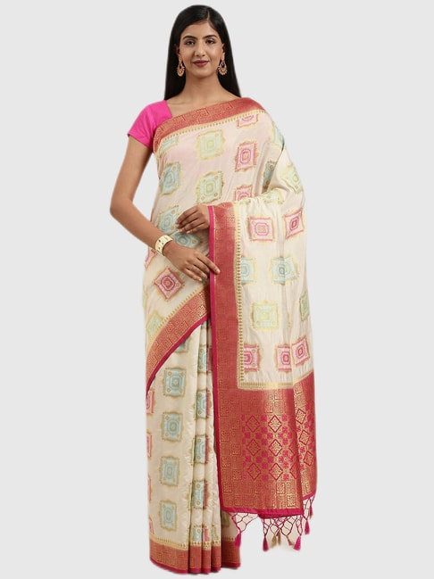 Mimosa Ivory Textured Saree With Blouse Price in India
