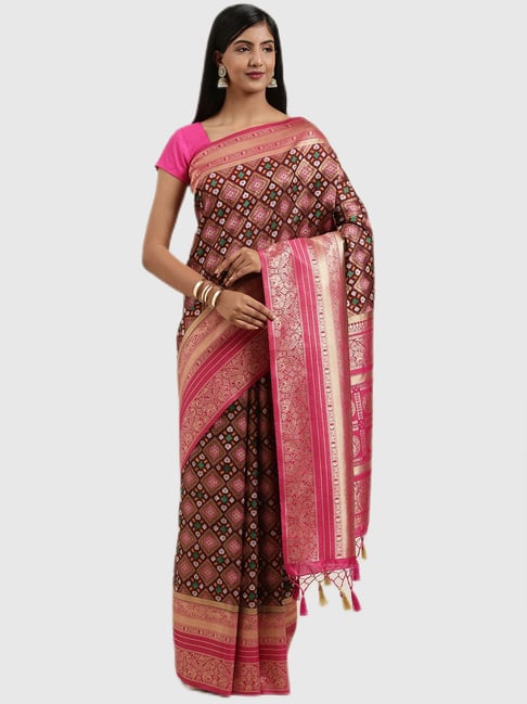 Mimosa Brown & Pink Textured Saree With Blouse