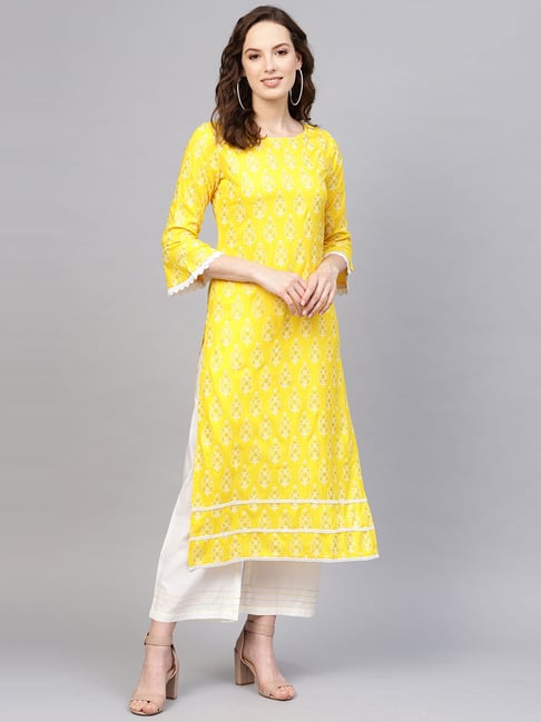 Indo Era Yellow & White Block print Kurta & Palazzo Set Price in India