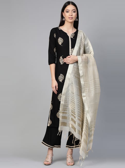 Indo Era Black Block print Kurta With Palazzo & Dupatta Price in India