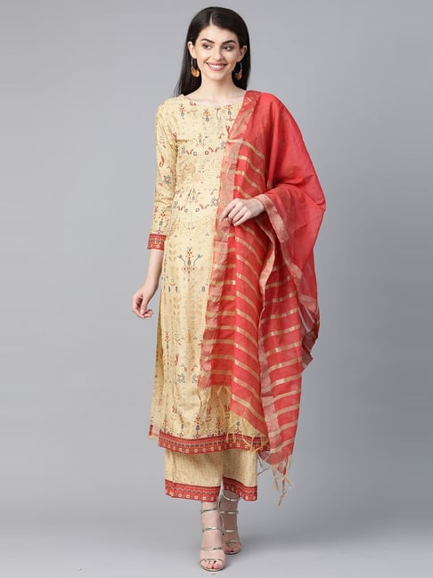 Indo Era Beige Printed Kurta With Palazzo & Dupatta Price in India