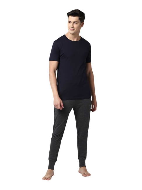 Peter England Navy & Grey Regular Fit Solid T-Shirt & Joggers Set