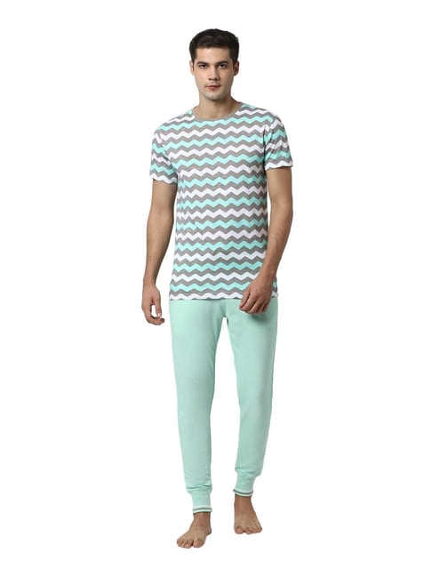 Peter England Blue Regular Fit Printed T-Shirt & Joggers Set