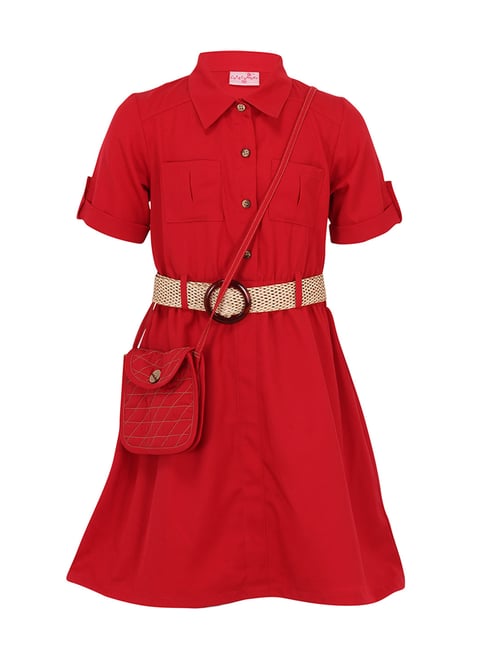 Cutecumber Kids Red Solid Dress with Sling Bag