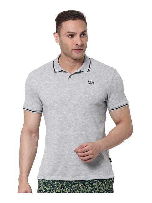 Jack & Jones Grey Solid Polo T-Shirt