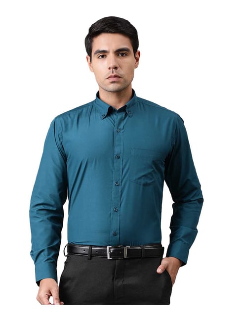 English Navy Teal Blue Slim Fit Shirt-picture-23