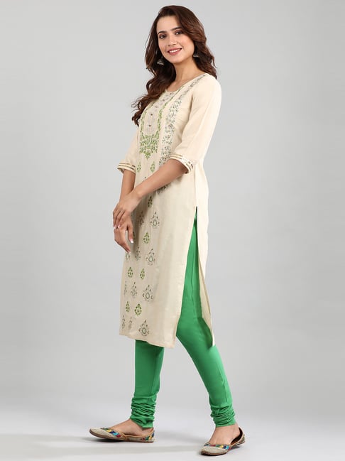 Aurelia Off White Green Embroidered Kurta Churidar Set With Dupatta