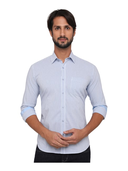 Greenfibre Blue Cotton Slim Fit Striped Shirt