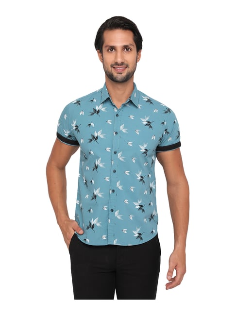 Greenfibre Blue Cotton Slim Fit Printed Shirt