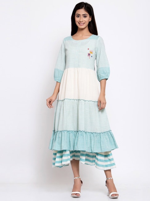 Terquois Turquoise Green & Cream Striped Dress Price in India