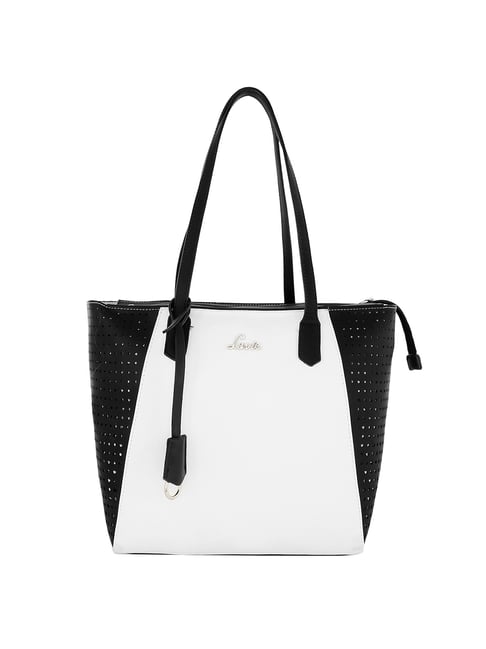 Lavie Porto Black & White Cut Work Medium Tote Handbag Price in India