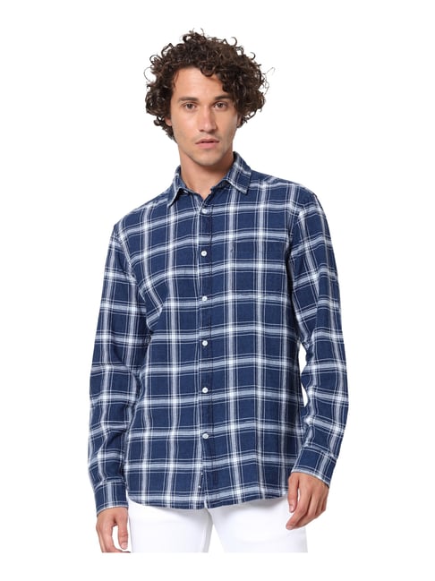 celio* Navy Cotton Linen Regular Fit Checks Shirt