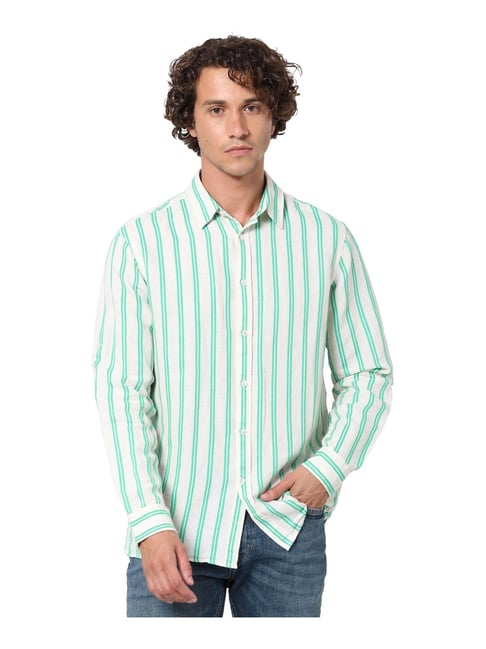 celio* Green & White Cotton Linen Regular Fit Striped Shirt