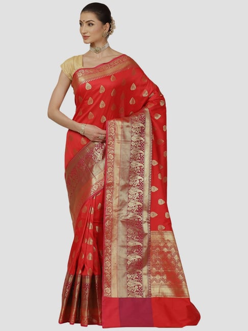 Banarasi Silk Works Red Cotton Woven Saree With Unstitched Blouse Price in India