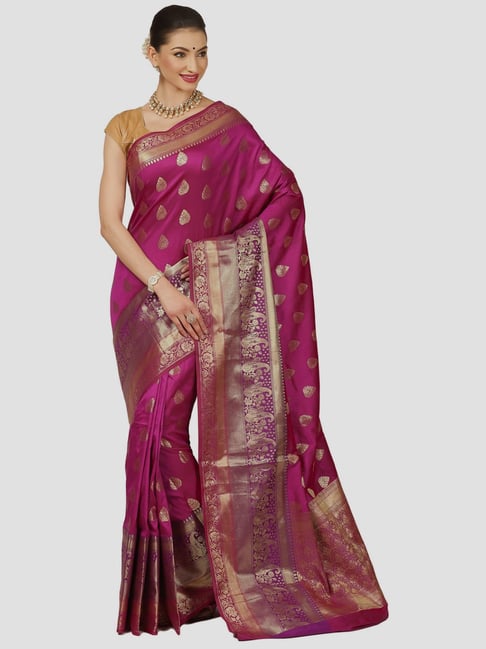 Banarasi Silk Works Purple Cotton Woven Saree With Unstitched Blouse Price in India