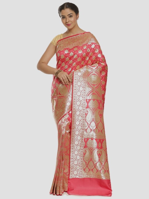 Banarasi Silk Works Peach Woven Saree With Unstitched Blouse Price in India