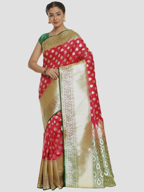 Banarasi Silk Works Pink Woven Saree With Unstitched Blouse Price in India