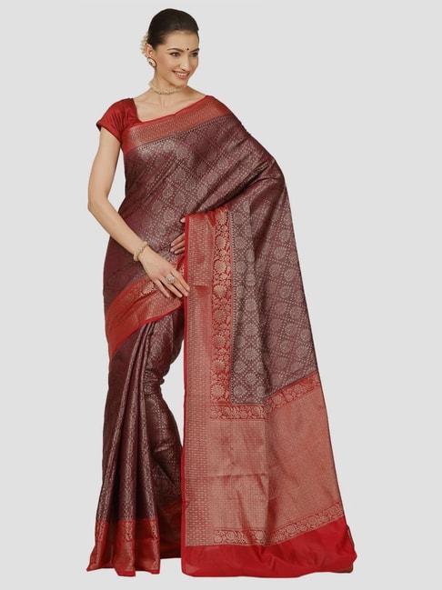 Banarasi Silk Works Maroon Cotton Woven Saree With Unstitched Blouse Price in India
