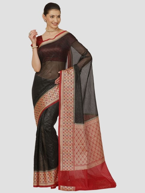 Banarasi Silk Works Black Cotton Chequered Saree With Unstitched Blouse Price in India
