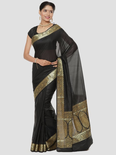 Banarasi Silk Works Black Woven Saree With Unstitched Blouse Price in India