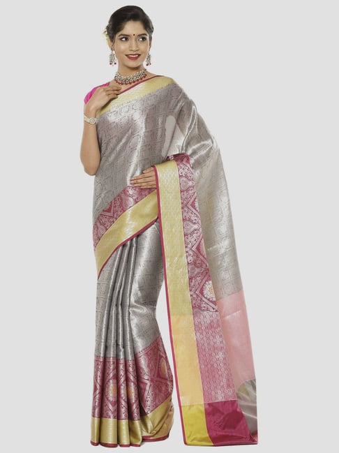 Salmon Pink Silver Woven Banarasi Silk Saree – MySilkLove