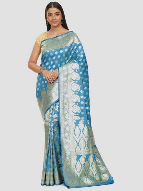 Banarasi Silk Works Turquoise Woven Saree With Unstitched Blouse Price in India