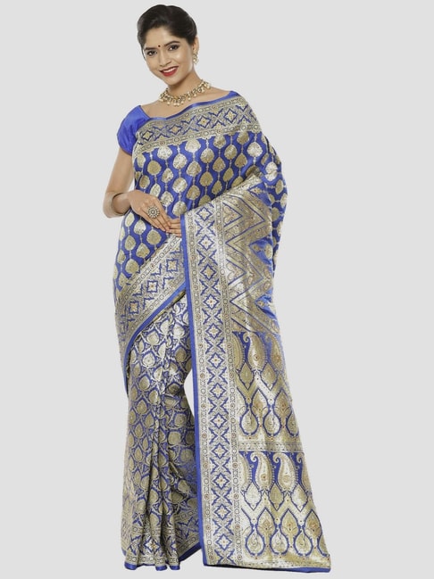 Banarasi Silk Works Blue Embellished Saree With Unstitched Blouse Price in India
