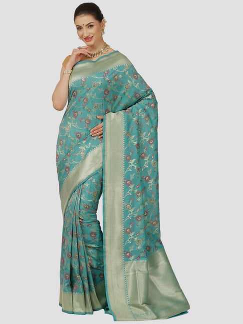 Banarasi Silk Works Turquoise Woven Saree With Unstitched Blouse Price in India